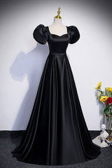 Black Satin Floor Length Prom Dresses, Simple Black Short Sleeve Evening Dresses