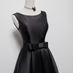 Black Satin Knee Length Round Neckline Party Dresses, Black Short Prom Dresses