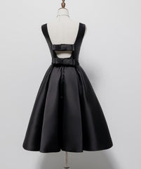 Black Satin Knee Length Round Neckline Party Dresses, Black Short Prom Dresses