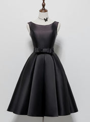 Black Satin Knee Length Round Neckline Party Dresses, Black Short Prom Dresses