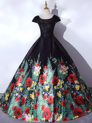 Black Satin Lace Top Print Cap Sleeve Quinceanera Dresses