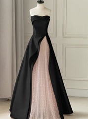 Black Satin Pink Tulle Strapless Prom Dresses