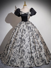 Black Satin Print Short Sleeve Quinceanera Dresses