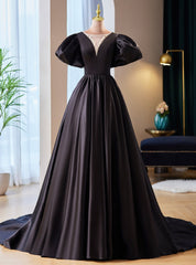 Black Satin Puff Sleeve Beading Prom Dresses