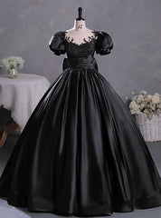 Black Satin Puff Sleeve Beading Quinceanera Dresses