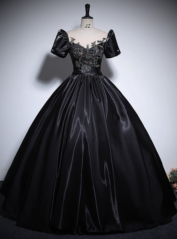 Black Satin Short Sleeve Appliques Quinceanera Dress