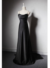 Black Satin Spaghetti Straps Pleats Prom Dresses