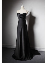 Black Satin Spaghetti Straps Pleats Prom Dress