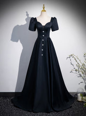 Black Satin Square Neck Short Sleeve Prom Dresses