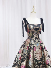 Black Satin Straps A-line Floral Long Formal Dresses, Black Evening Dresses