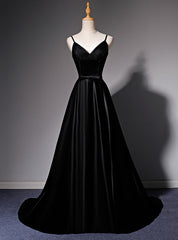 Black Satin Tulle Spaghetti Straps Prom Dress