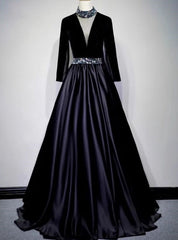 Black Satin Velvet Long Sleeve Crystal Prom Dresses