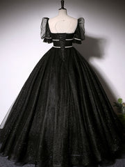 Black Scoop Neckline Long Prom Dresses, Shiny Tulle Black Evening Dresses