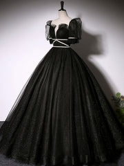 Black Scoop Neckline Long Prom Dresses, Shiny Tulle Black Evening Dresses