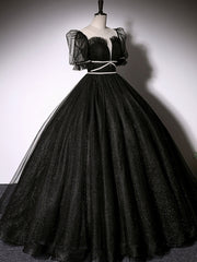 Black Scoop Neckline Long Prom Dresses, Shiny Tulle Black Evening Dresses