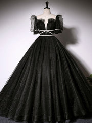 Black Scoop Neckline Long Prom Dresses, Shiny Tulle Black Evening Dresses