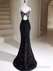 Black Sequins Mermaid Straps Beaded Prom Dress, Black Sequins Party Dress