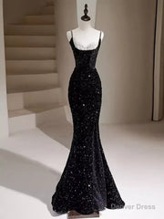 Black Sequins Mermaid Straps Beaded Prom Dress, Black Sequins Party Dress