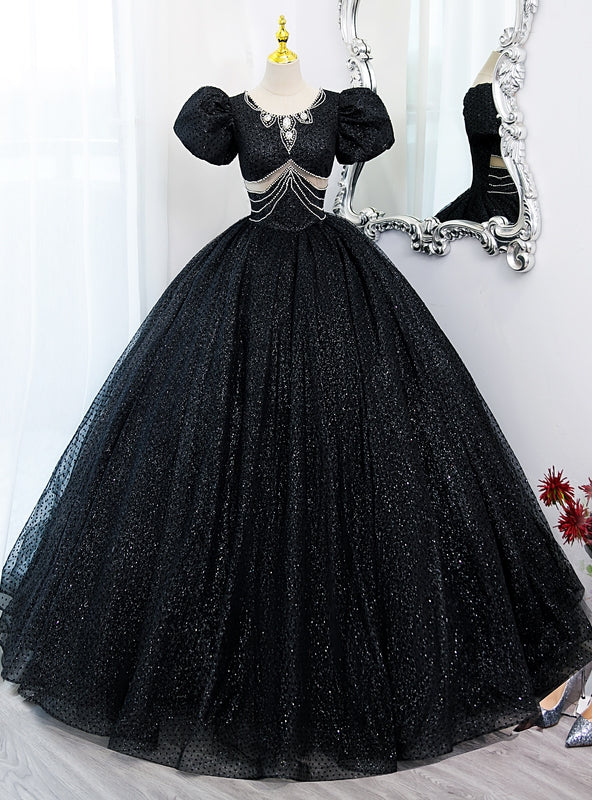 Black Sequins Puff Sleeve Beading Quinceanera Dress