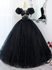 Black Sequins Puff Sleeve Beading Quinceanera Dresses