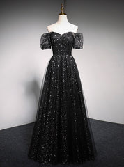 Black Sequins Tulle Puff Sleeve Prom Dress