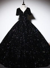 Black Sequins V-neck Short Sleeve Quinceanera Dresses