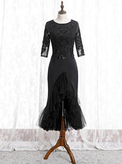 Black Sheath Satin Tulle Appliques Short Sleeve Short  Prom Dresses