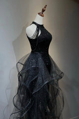 Black Shiny Tulle Long Party Dresses with Beaded, Black Evening Dresses