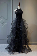 Black Shiny Tulle Long Party Dresses with Beaded, Black Evening Dresses