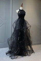 Black Shiny Tulle Long Party Dresses with Beaded, Black Evening Dresses