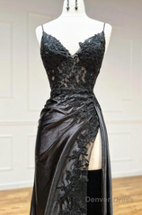 Black Spaghetti Straps Lace Appliques Prom Dress with Slit