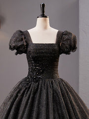 Black Square Neckline Tulle Long Prom Dresses, Shiny Tulle Black Evening Dresses