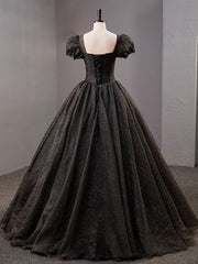 Black Square Neckline Tulle Long Prom Dresses, Shiny Tulle Black Evening Dresses