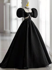 Black Square Puff Sleeve Backless Prom Dress