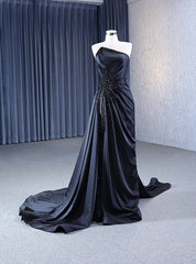 Black Strapless Satin Pleats Beading Prom Dresses