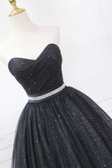 Black Strapless Shiny Tulle Tea Length Prom Dresses, Black A-Line Homecoming Dresses