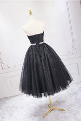 Black Strapless Shiny Tulle Tea Length Prom Dresses, Black A-Line Homecoming Dresses