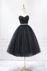 Black Strapless Shiny Tulle Tea Length Prom Dresses, Black A-Line Homecoming Dresses