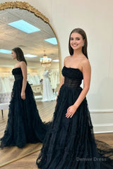 Black Strapless Tulle A Line Lone Prom Dress