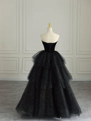 Black Strapless Layered Velvet Tulle Long Prom Dresses Evening Dresses