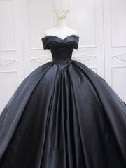 Black Sweetheart Neck Satin Long Prom Gown, Black Sweet 16 Dresses