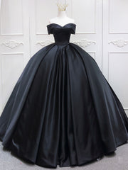 Black Sweetheart Neck Satin Long Prom Gown, Black Sweet 16 Dresses