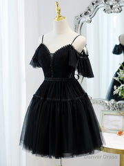 Black Sweetheart Straps Tulle Homecoming Dress, Black Off Shoulder Prom Dress