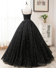 Black Sweetheart Straps Tulle Long Evening Gown, Sleeveless Floor-Length Prom Dresses