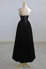 Black Tea Legnth Straps A-line Wedding Party Dresses, Black Bridesmaid Dresses