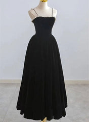 Black Tea Legnth Straps A-line Wedding Party Dresses, Black Bridesmaid Dresses