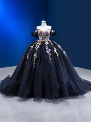 Black Tulle 3D Flower Off the Shoulder Prom Dresses