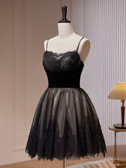 Black Tulle and Lace Straps Short Party Dress, Black Homecoming Dress