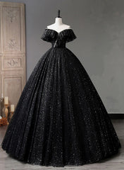 Black Tulle Beaded Long Formal Gown, Black Tulle A-line Prom Dresses