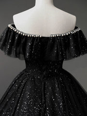 Black Tulle Beaded Long Formal Gown, Black Tulle A-line Prom Dresses